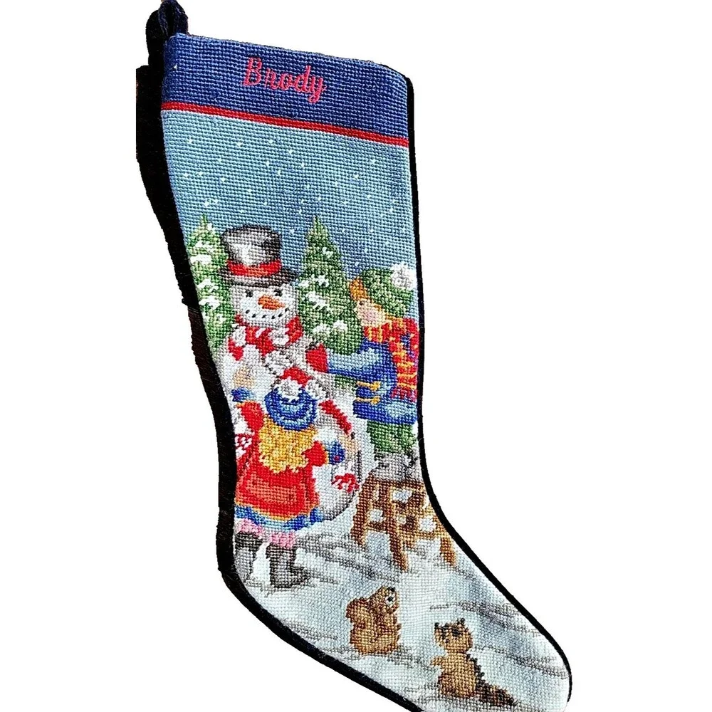 Lands' End Needlepoint Christmas Stocking BRODY Snowman Wool Discontinued C1